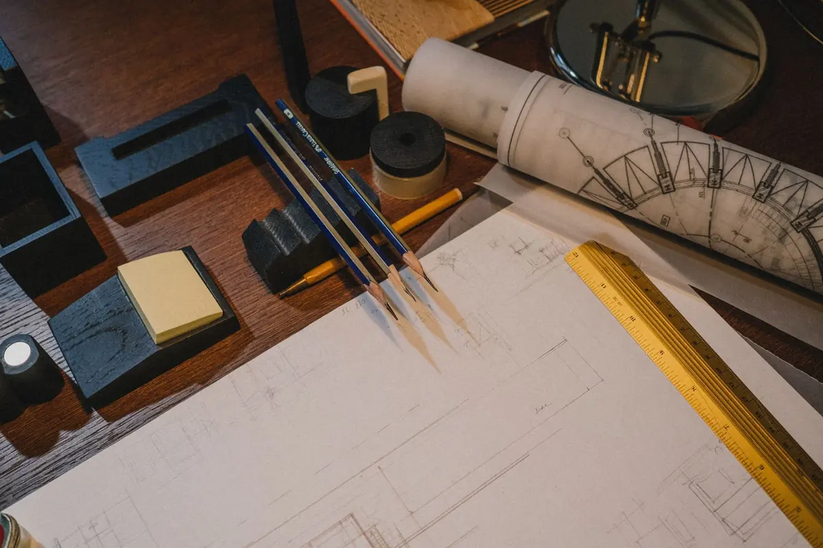 Residential permit drawings and drafting tools on a worktable
